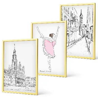 Set de 3 cuadros para salón con diseño de bailarinas elegantes y arquitectura