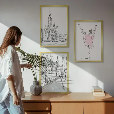 Set de 3 cuadros para salón con diseño de bailarinas elegantes y arquitectura