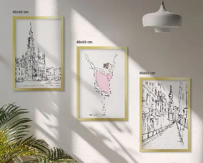Set de 3 cuadros para salón con diseño de bailarinas elegantes y arquitectura