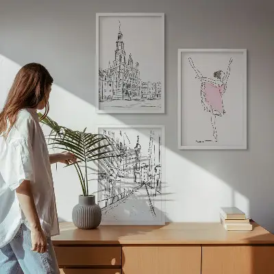 Set de 3 cuadros para salón con diseño de bailarinas elegantes y arquitectura