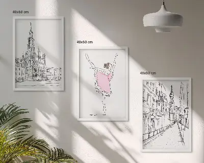 Set de 3 cuadros para salón con diseño de bailarinas elegantes y arquitectura