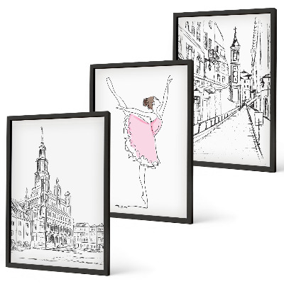 Set de 3 cuadros para salón Bailarinas elegantes y arquitectura