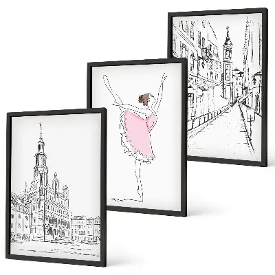 Set de 3 cuadros para salón con diseño de bailarinas elegantes y arquitectura