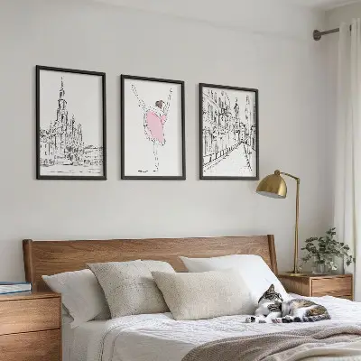 Set de 3 cuadros para salón con diseño de bailarinas elegantes y arquitectura