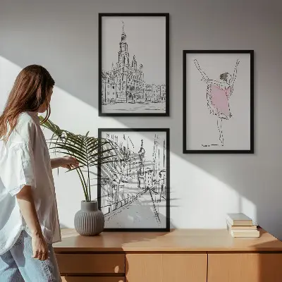 Set de 3 cuadros para salón con diseño de bailarinas elegantes y arquitectura