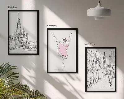 Set de 3 cuadros para salón con diseño de bailarinas elegantes y arquitectura