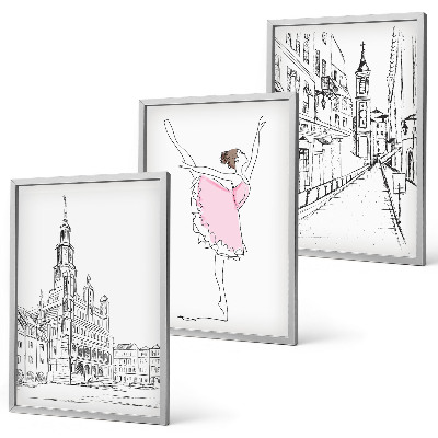 Set de 3 cuadros para salón Bailarinas elegantes y arquitectura