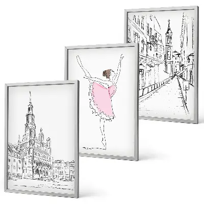 Set de 3 cuadros para salón con diseño de bailarinas elegantes y arquitectura