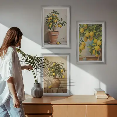Juego de 3 cuadros con diseño de limoneros en maceta y jarrón