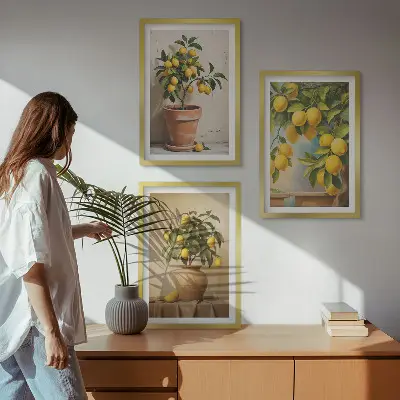 Juego de 3 cuadros con diseño de limoneros en maceta y jarrón