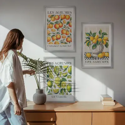 Set de 3 cuadros para salón con diseño de frutas cítricas en versiones coloridas