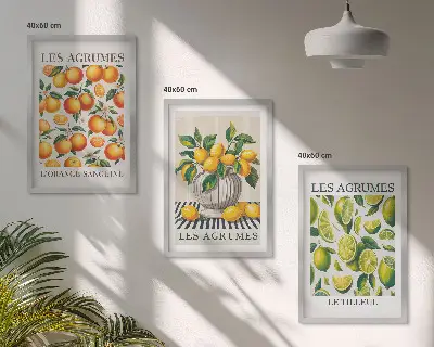 Set de 3 cuadros para salón con diseño de frutas cítricas en versiones coloridas