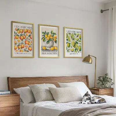 Set de 3 cuadros para salón con diseño de frutas cítricas en versiones coloridas