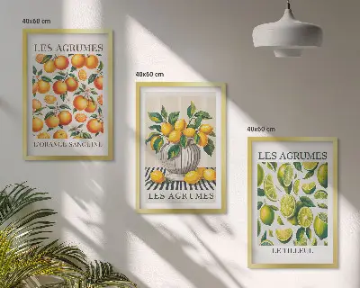 Set de 3 cuadros para salón con diseño de frutas cítricas en versiones coloridas