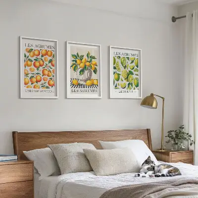 Set de 3 cuadros para salón con diseño de frutas cítricas en versiones coloridas
