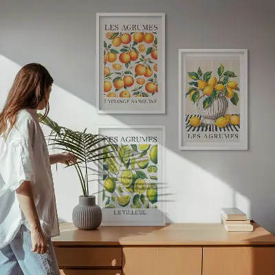 Set de 3 cuadros para salón con diseño de frutas cítricas en versiones coloridas