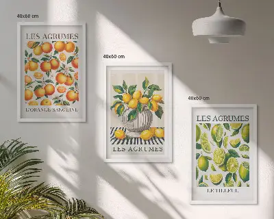Set de 3 cuadros para salón con diseño de frutas cítricas en versiones coloridas