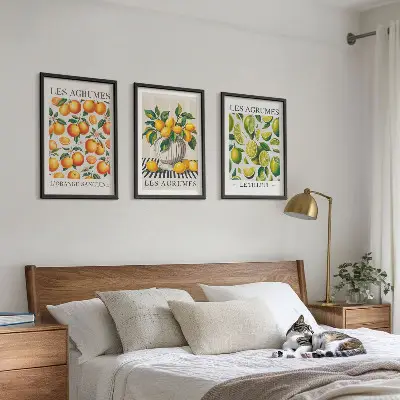 Set de 3 cuadros para salón con diseño de frutas cítricas en versiones coloridas