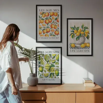 Set de 3 cuadros para salón con diseño de frutas cítricas en versiones coloridas
