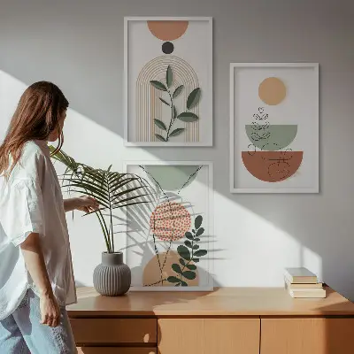 Juego de 3 cuadros con formas abstractas de plantas