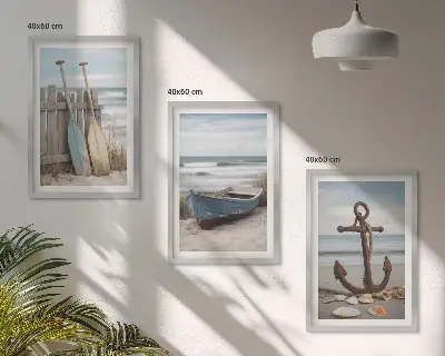 Set de 3 cuadros para salón con diseño de ancla en la arena de playa