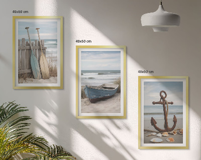Set de 3 cuadros para salón Anclaje de barco de playa arena