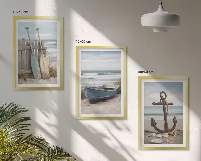 Set de 3 cuadros para salón con diseño de ancla en la arena de playa
