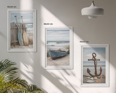Set de 3 cuadros para salón Anclaje de barco de playa arena