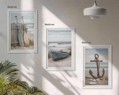 Set de 3 cuadros para salón con diseño de ancla en la arena de playa