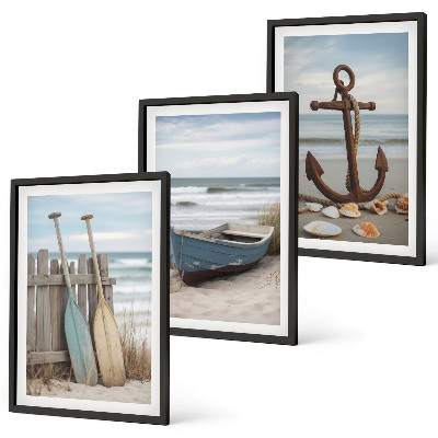 Set de 3 cuadros para salón Anclaje de barco de playa arena