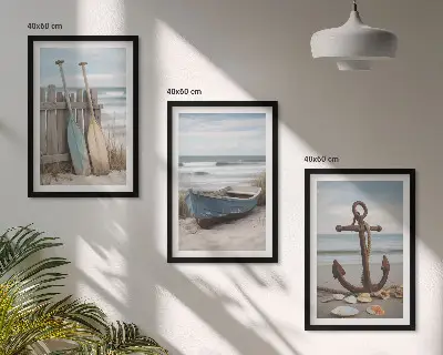 Set de 3 cuadros para salón con diseño de ancla en la arena de playa