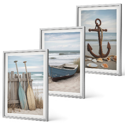 Set de 3 cuadros para salón Anclaje de barco de playa arena