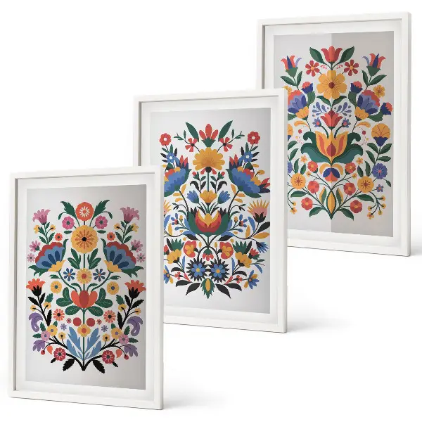 Set de 3 cuadros para salón con estampados florales en colores intensos