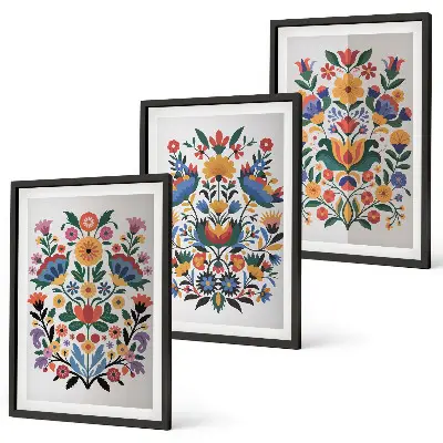 Set de 3 cuadros para salón con estampados florales en colores intensos