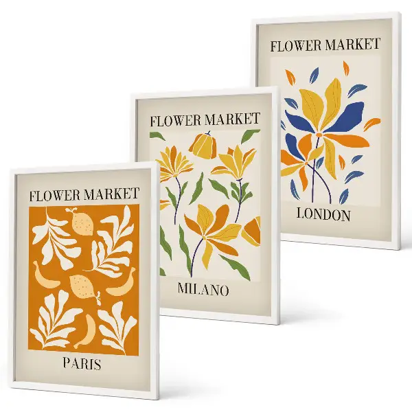 Set de 3 cuadros decorativos con motivos florales de París, Milán y Londres para salón