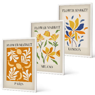 Set de 3 cuadros para salón Carteles florales París Milán Londres