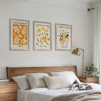 Set de 3 cuadros decorativos con motivos florales de París, Milán y Londres para salón