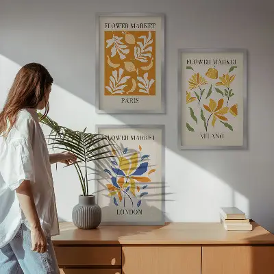 Set de 3 cuadros decorativos con motivos florales de París, Milán y Londres para salón
