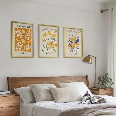 Set de 3 cuadros decorativos con motivos florales de París, Milán y Londres para salón