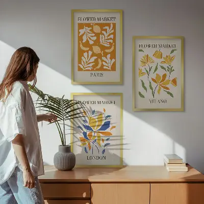Set de 3 cuadros decorativos con motivos florales de París, Milán y Londres para salón