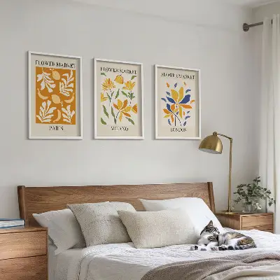 Set de 3 cuadros decorativos con motivos florales de París, Milán y Londres para salón