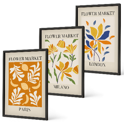Set de 3 cuadros para salón Carteles florales París Milán Londres