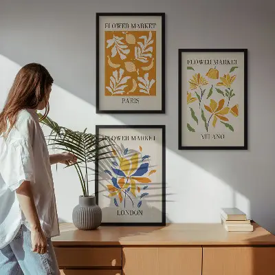 Set de 3 cuadros decorativos con motivos florales de París, Milán y Londres para salón