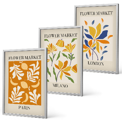 Set de 3 cuadros para salón Carteles florales París Milán Londres