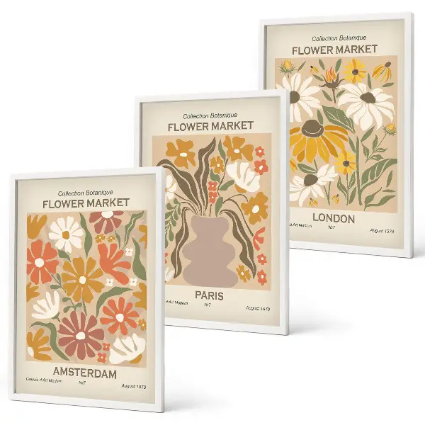 Juego de 3 cuadros con estampados florales de Ámsterdam, París y Londres