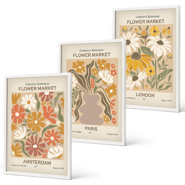 Juego de 3 cuadros Estampados florales Ámsterdam París Londres