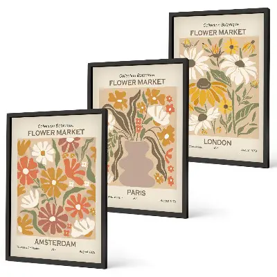 Juego de 3 cuadros con estampados florales de Ámsterdam, París y Londres