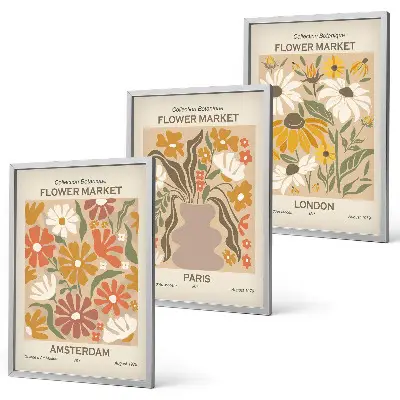 Juego de 3 cuadros con estampados florales de Ámsterdam, París y Londres