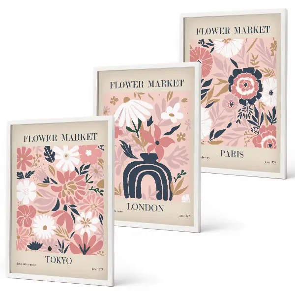Set de 3 cuadros decorativos para salón con motivos florales de Tokio, Londres y París