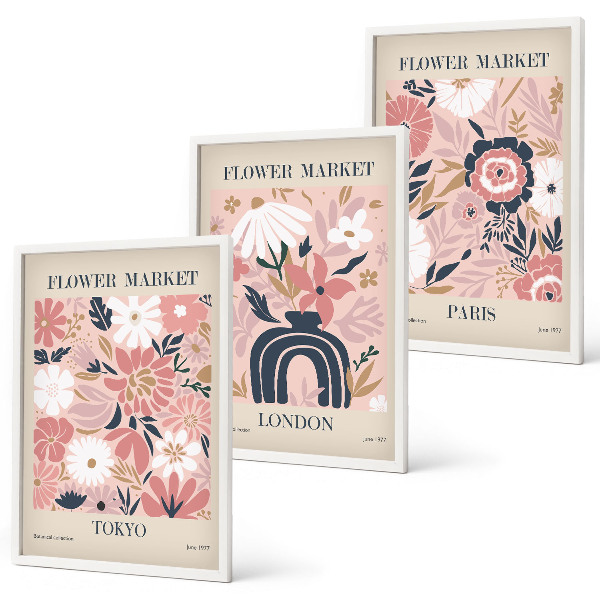 Set de 3 cuadros para salón Motivos florales Tokio Londres París
